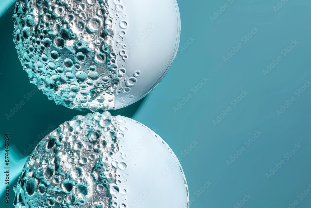Poster close-up capture of textured celestial spheres mimicking the moon's cratered surface under vivid blu