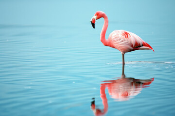 Flamingo standing in shallow water, reflected in the surface