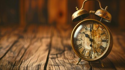 Vintage clock on a rustic wooden table, soft lighting, cozy background 