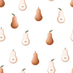 Seamless pattern of cute minimalist pears with leaves