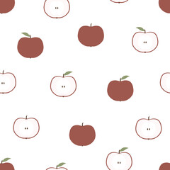 Seamless pattern of cute minimalist red apples with leaves