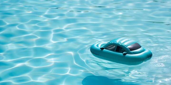 Inflatable car in pool on sunny vacation day. Concept Sunny Vacation Day, Inflatable Car, Poolside Fun, Summer Travel, Tropical Getaway
