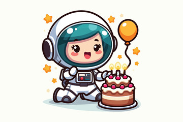 Fototapeta premium Cute Astronaut Celebrate With Birthday Cake Cartoon Vector Icon Illustration white background