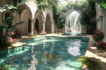 The Hanging Gardens of Babylon, one of the Seven Wonders of the Ancient World, depicted in a majestic and detailed landscape. This historic scene showcases the lush greenery and architectural marvel o