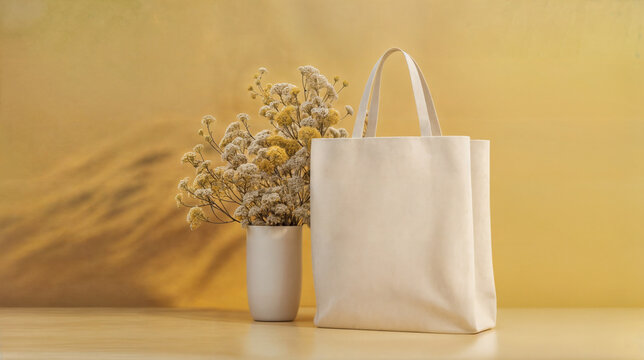 maqueta de bolsa blanca de compras con florero estilo boho minimalista en fondo amarillo