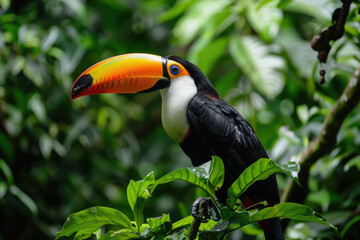 Naklejka premium Toucan perched on a branch, its colorful beak vibrant against green leaves