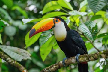Fototapeta premium Toucan perched on a branch, its colorful beak vibrant against green leaves