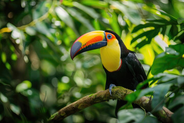 Naklejka premium Toucan perched on a branch, its colorful beak vibrant against green leaves