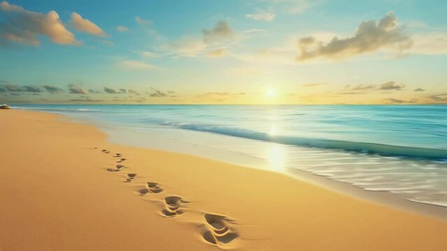 Footprints in the sand lead towards gentle ocean waves during a serene sunset. The sky is tinged with warm hues, creating a tranquil, picturesque scene. Age, ethnicity, gender not applicable.