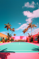A vibrant summer photo showcases a tennis and pickleball court, bursting with energy and color
