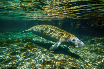 Obraz premium Manatee gliding slowly through clear, calm water