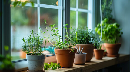 Fototapeta premium A small herb garden or potted plants on the windowsill, illustrating the idea of growing and using fresh ingredients. 