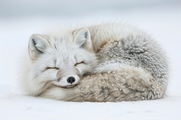 Obraz premium Arctic fox curled up in the snow, eyes closed in rest