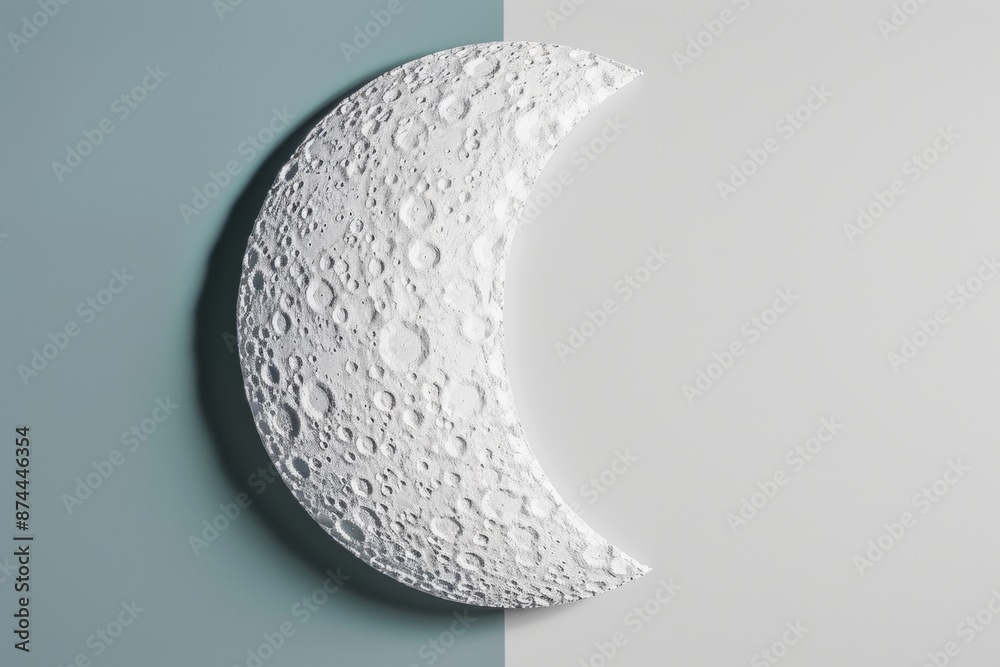 Poster illuminated half moon with visible craters against a darkened sky