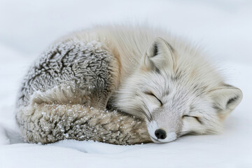 Obraz premium Arctic fox curled up in the snow, eyes closed in rest