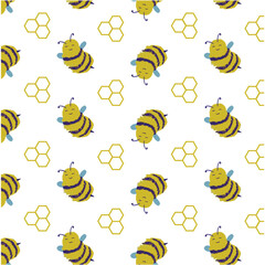 Pattern for your designs, packaging, textiles, and posters. Cute little bee ornaments with the honeycomb. Cartoon character for brand for children.