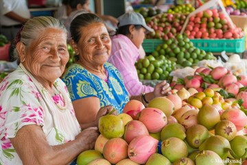 Fototapeta premium Elderly Mexican Woman and Teenager Enjoying Guava Agua Fresca from Street Vendor, Joyful Moment of Traditional Flavor Exchange in a Fruit Market