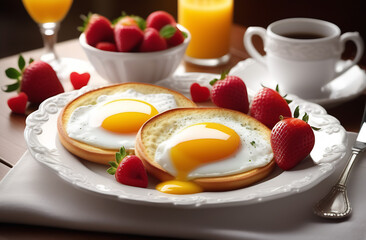 Fototapeta premium delicious breakfast for two at the luxury hotel with egg toast strawberries and drinks tea and juice
