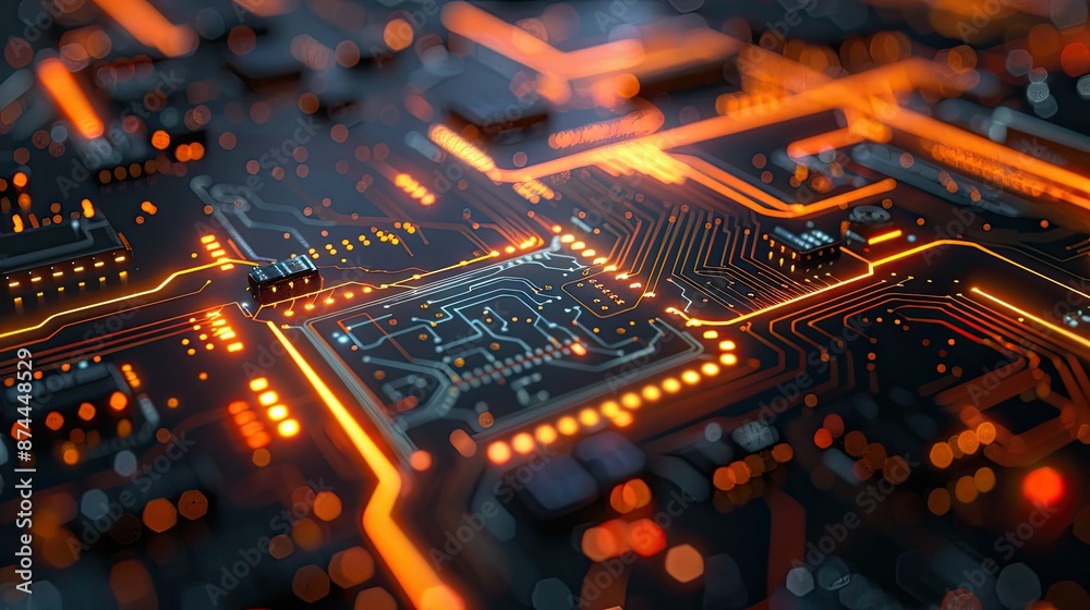 Poster futuristic circuit board with pulsating energy lines