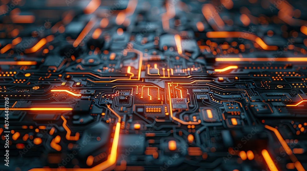 Poster futuristic circuit board with pulsating energy lines