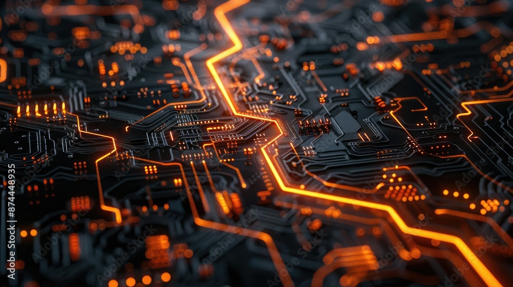 Poster futuristic circuit board with pulsating energy lines