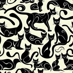 Playful and Dynamic Black Cat Motif for Fabric and Wallpaper