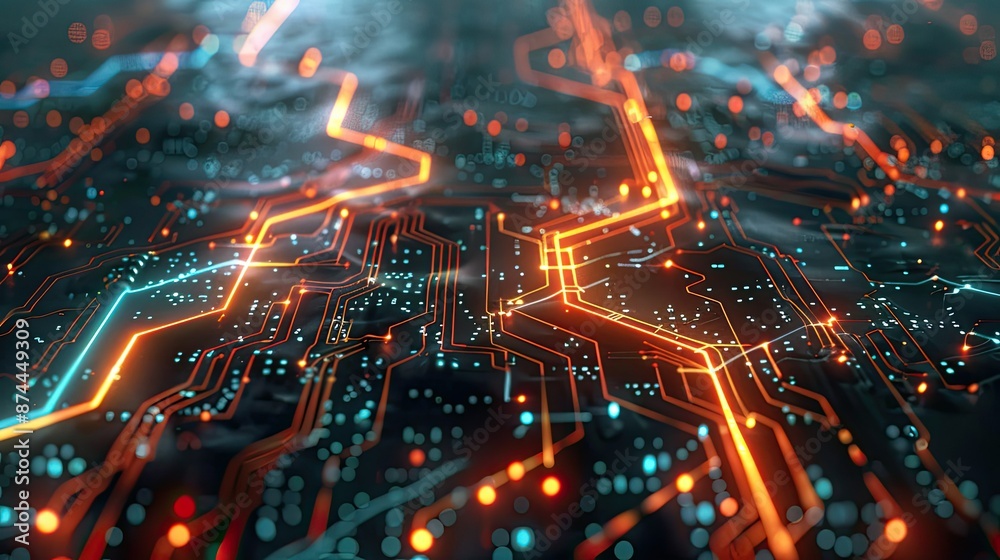 Poster Futuristic circuit board with pulsating energy lines