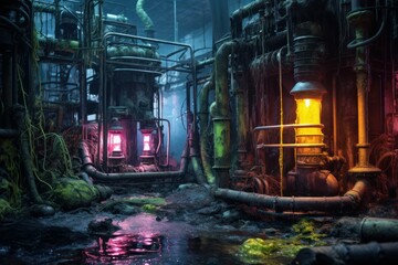 Obraz premium Dystopian view of a deserted factory with overgrown vegetation and glowing machinery