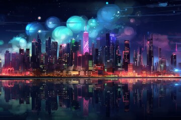Vibrant illustration of a modern, neon-lit city skyline mirrored over water under a starry sky