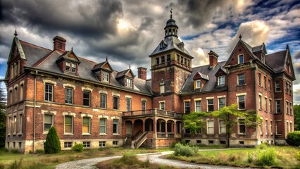 Obraz premium Eerie Abandoned Asylum with Dark Storm Clouds Gathering Overhead