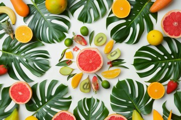 A colorful arrangement of fresh fruits and vegetables in a symmetrical pattern, set against a lush green leafy backdrop. Perfect for adding a touch of tropical freshness to any space.