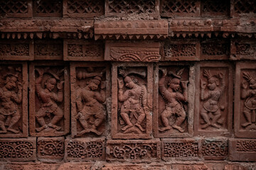 Beautiful details and bas reliefs of ancient Hindu Pancharatna Temple (Temple of the Five Jewels) in Puthia Bangladesh