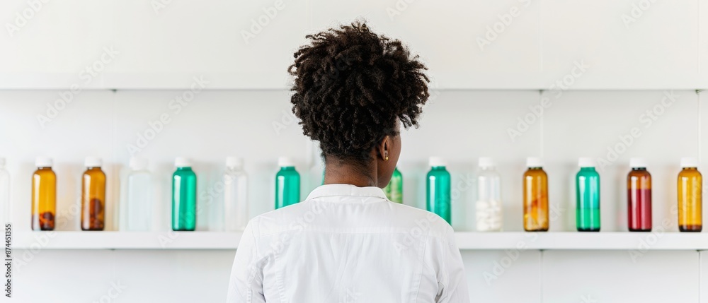 Poster young african american female scientist using ai to analyze botanical health properties in a modern 
