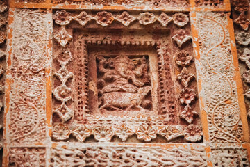 Beautiful details and bas reliefs of ancient Hindu Pancharatna Temple (Temple of the Five Jewels) in Puthia Bangladesh