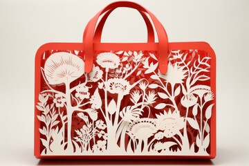 Stylish red tote bag with intricate laser cut floral design, isolated on a clean white background