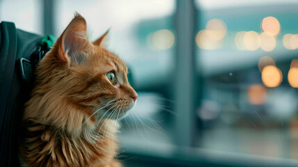 Cat at the airport waiting to board a plane. Concept of traveling with pets, pet transportation, and pet delivery. Ideal for businesses related to animal transportation services and travel agencies.