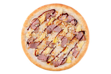 The most popular pizza with duck, pineapple and teriyaki sauce for a restaurant website or food delivery