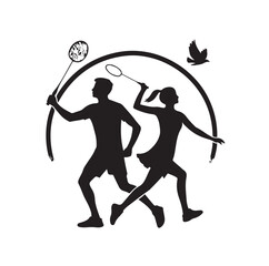 Badminton male female player Silhouette. playing badminton on a white background. Badminton player vector illustration.