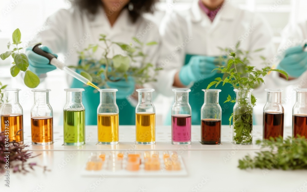 Aufkleber Diverse Team of Scientists Analyzing Botanical Extracts in a Laboratory Setting, Engaged in Research During Daylight
