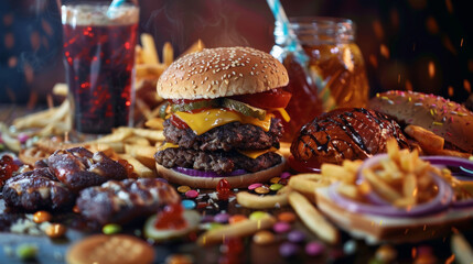 Create an image that highlights the negative aspects of an unhealthy diet, focusing on processed foods, excessive sugar, and poor nutrition. 