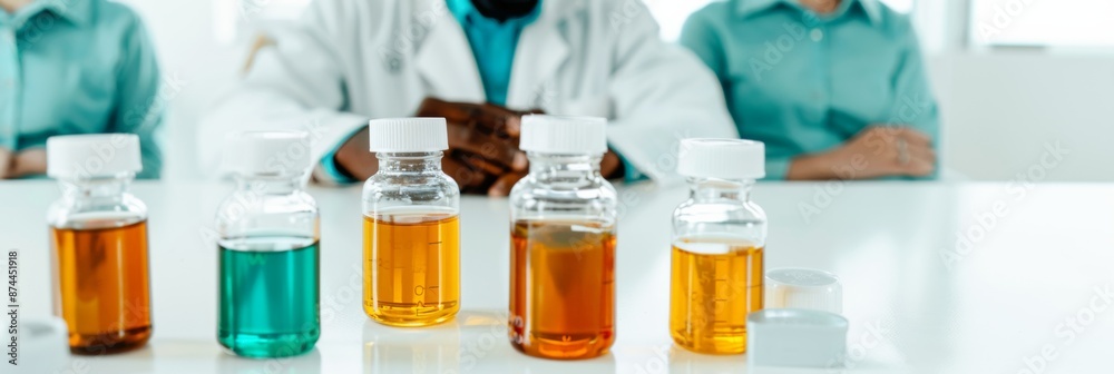 Poster black male scientist integrating ai in analyzing botanical health extracts in modern lab, late after
