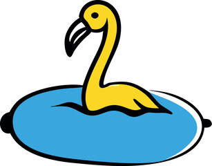 Yellow cartoon flamingo floats on an inflatable blue ring, head turned to the side