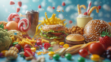 Create an image that highlights the negative aspects of an unhealthy diet, focusing on processed foods, excessive sugar, and poor nutrition. 