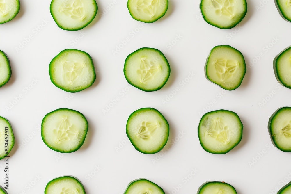 Poster bright and harmonious pattern of green cucumber slices on white background, evoking freshness