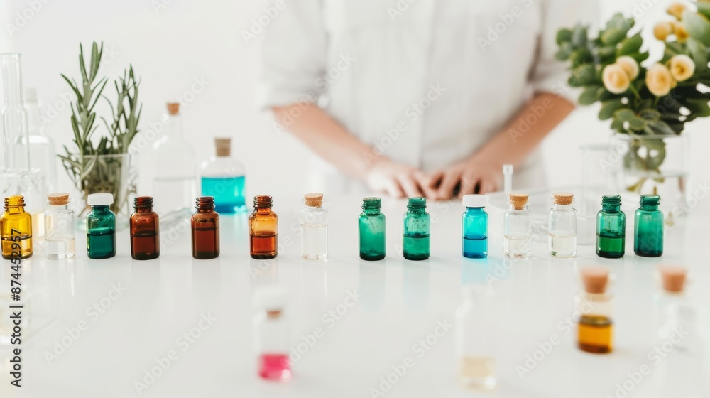 Poster close-up view of female scientist extracting plant essences in laboratory a detailed scene of a prof