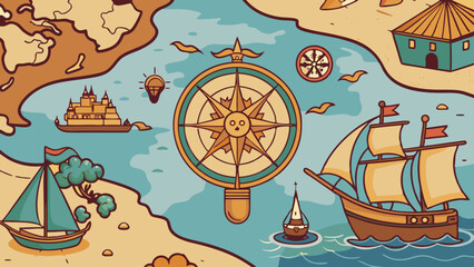 Vintage Nautical Exploration Map Illustration with Ships and Compass