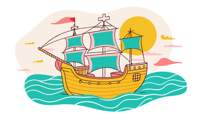 Fototapeta premium Colorful Illustrated Vintage Sailing Ship at Sea During Sunset