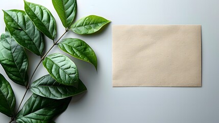 Green leaves and beige envelope on a white background. Flat lay composition with copy space for stationery and nature design