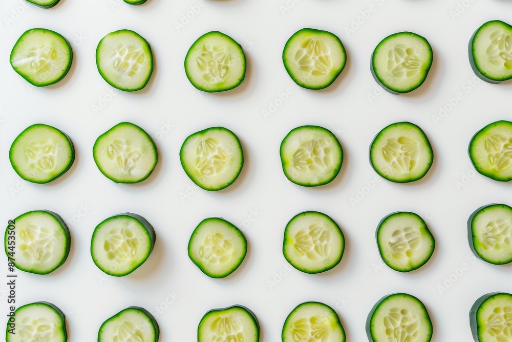 Aufkleber harmonious pattern of fresh green cucumber slices on a bright white background a simplistic and clea