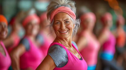 Senior Caucasian woman leading exercise aerobics class in fitness center, pink for breast cancer awareness, copy space